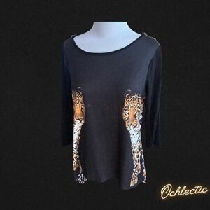 Black HeartSoul leopard print top with 3/4 sleeves and zipper detail